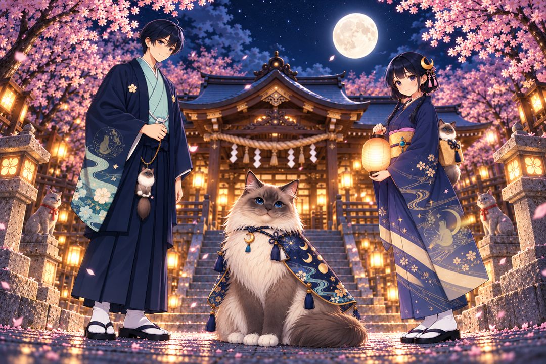 満月と夜桜の神社の前に並ぶ、水無月・ラグドールのさくや・月夜